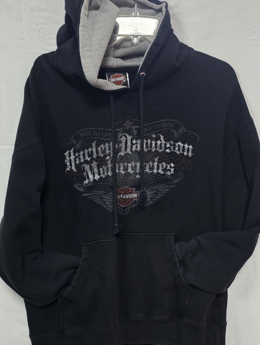 Harley-Davidson Black Pullover Hoodie with Gray Lined Hood